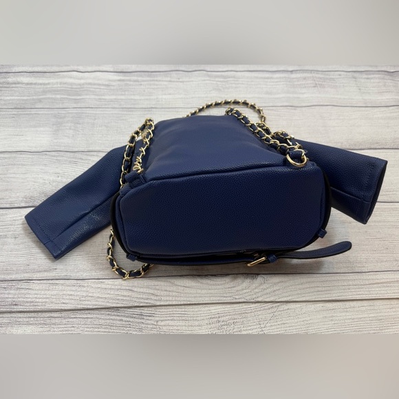 Blue Faux Leather Moto Jacket Style Backpack Purse Gold Chain Convertible Bag main image 10